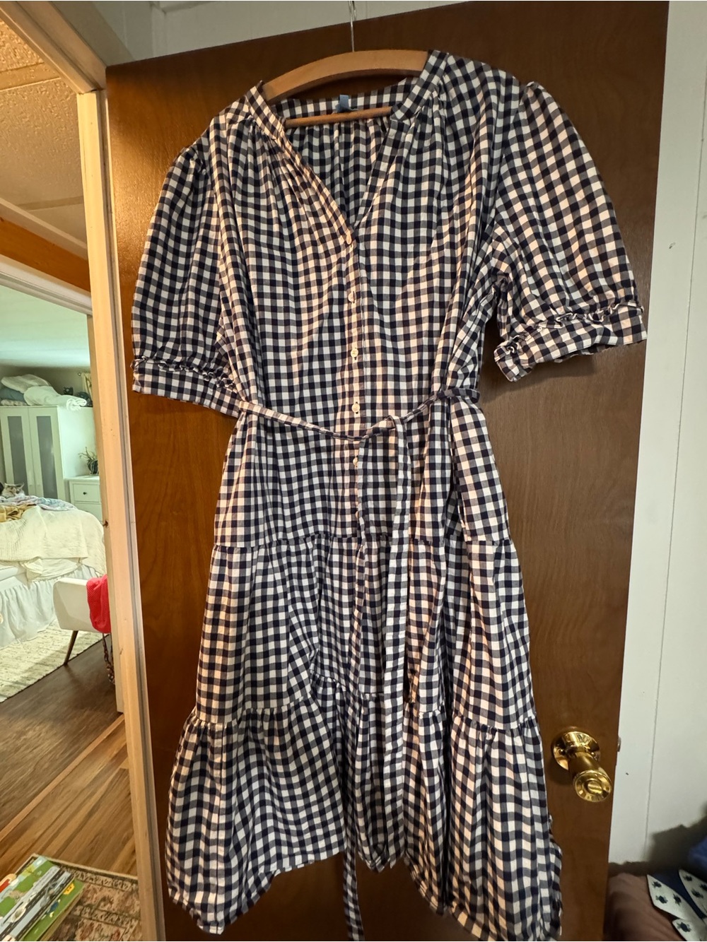 Draper James Navy and White Gingham Midi Dress with Tie Waist